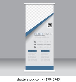 Roll up banner stand template. Abstract background for design,  business, education, advertisement. Blue color. Vector  illustration.