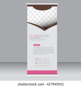 Roll up banner stand template. Abstract background for design,  business, education, advertisement. Pink and brown color. Vector  illustration.