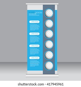 Roll up banner stand template. Abstract background for design,  business, education, advertisement. Blue color. Vector  illustration.