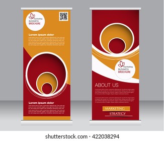 Roll up banner stand template. Abstract background for design,  business, education, advertisement. Red and orange color. Vector  illustration.