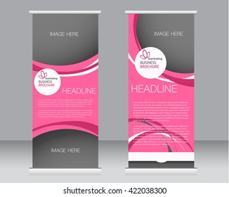 Roll up banner stand template. Abstract background for design,  business, education, advertisement.  Pink color. Vector  illustration.
