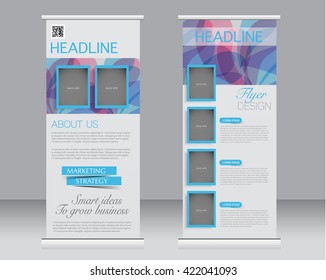 Roll up banner stand template. Abstract background for design,  business, education, advertisement.  Pink and blue color. Vector  illustration