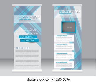 Roll up banner stand template. Abstract background for design,  business, education, advertisement.  Blue color. Vector  illustration