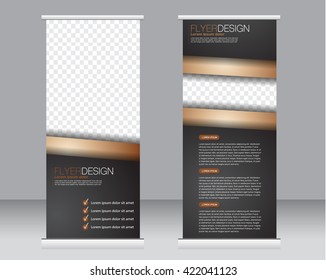 Roll up banner stand template. Abstract background for design,  business, education, advertisement.  Black and golden color. Vector  illustration