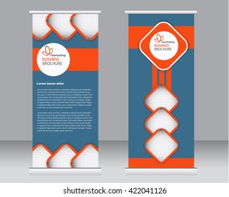 Roll up banner stand template. Abstract background for design,  business, education, advertisement.  Blue and orange color. Vector  illustration