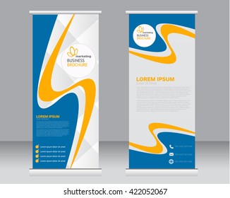 Roll up banner stand template. Abstract background for design,  business, education, advertisement.  Blue and yellow color. Vector  illustration