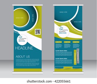 Roll up banner stand template. Abstract background for design,  business, education, advertisement.  Green and blue color. Vector  illustration