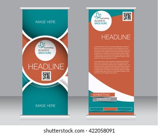 Roll up banner stand template. Abstract background for design,  business, education, advertisement.  Green and red color. Vector  illustration