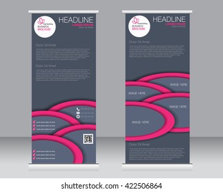Roll up banner stand template. Abstract background for design,  business, education, advertisement. Pink and grey color. Vector  illustration.