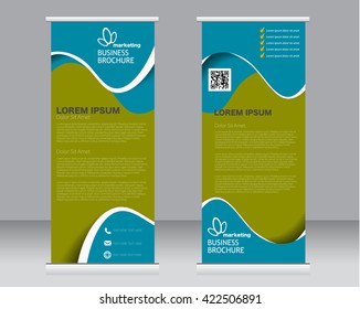 Roll up banner stand template. Abstract background for design,  business, education, advertisement.  Green and blue color. Vector  illustration.