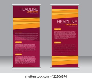 Roll up banner stand template. Abstract background for design,  business, education, advertisement.  Orange and red color. Vector  illustration.