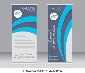 Roll up banner stand template. Abstract background for design,  business, education, advertisement.  Blue color. Vector  illustration.