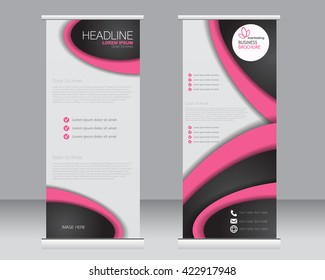 Roll up banner stand template. Abstract background for design,  business, education, advertisement. Pink and black color. Vector  illustration.