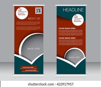 Roll up banner stand template. Abstract background for design,  business, education, advertisement.  Green and red color. Vector  illustration.