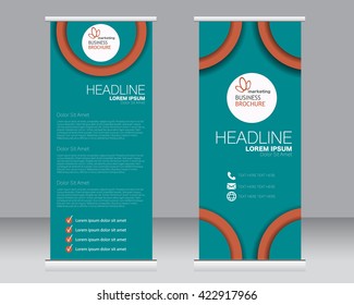 Roll up banner stand template. Abstract background for design,  business, education, advertisement. Green and brown color. Vector  illustration.