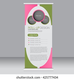 Roll up banner stand template. Abstract background for design,  business, education, advertisement.  Pink and green color. Vector  illustration