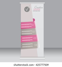 Roll up banner stand template. Abstract background for design,  business, education, advertisement. Pink color. Vector  illustration