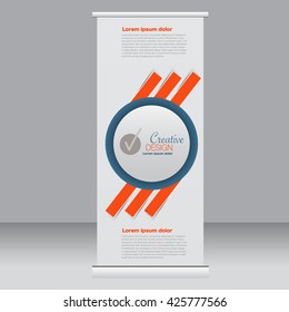 Roll up banner stand template. Abstract background for design,  business, education, advertisement. Blue and orange color. Vector  illustration