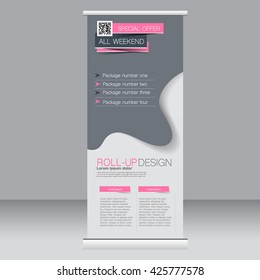 Roll up banner stand template. Abstract background for design,  business, education, advertisement. Pink and grey color. Vector  illustration