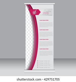 Roll up banner stand template. Abstract background for design,  business, education, advertisement. Pink color. Vector  illustration