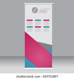 Roll up banner stand template. Abstract background for design,  business, education, advertisement. Pink and blue color. Vector  illustration