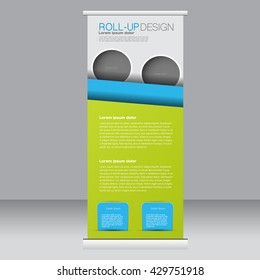 Roll up banner stand template. Abstract background for design,  business, education, advertisement. Blue and green color. Vector  illustration