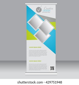 Roll up banner stand template. Abstract background for design,  business, education, advertisement. Blue and green color. Vector  illustration