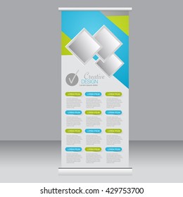 Roll up banner stand template. Abstract background for design,  business, education, advertisement. Blue and green color. Vector  illustration