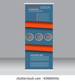 Roll up banner stand template. Abstract background for design,  business, education, advertisement. Blue and orange color. Vector  illustration.