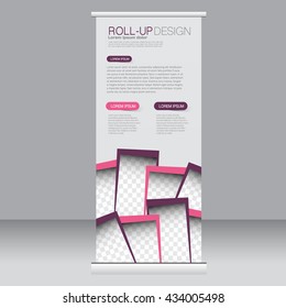 Roll up banner stand template. Abstract background for design,  business, education, advertisement. Pink and purple color. Vector  illustration.