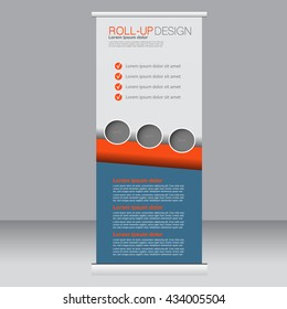 Roll up banner stand template. Abstract background for design,  business, education, advertisement. Blue and orange color. Vector  illustration.