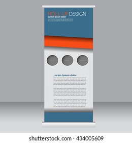 Roll up banner stand template. Abstract background for design,  business, education, advertisement. Blue and orange color. Vector  illustration.
