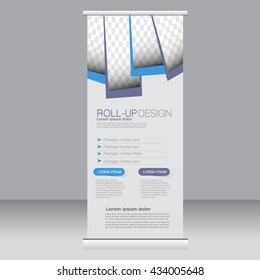 Roll up banner stand template. Abstract background for design,  business, education, advertisement. Blue color. Vector  illustration.