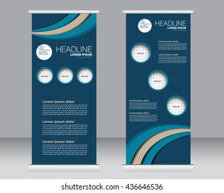 Roll up banner stand template. Abstract background for design,  business, education, advertisement.  Blue and brown color. Vector  illustration.