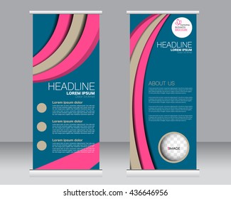 Roll up banner stand template. Abstract background for design,  business, education, advertisement.  Pink and blue color. Vector  illustration.