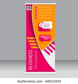 Roll up banner stand template. Abstract background for design,  business, education, advertisement. Pink and orange color. Vector  illustration.