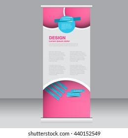 Roll up banner stand template. Abstract background for design,  business, education, advertisement. Blue and pink color. Vector  illustration.