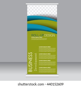 Roll up banner stand template. Abstract background for design,  business, education, advertisement. Blue and green color. Vector  illustration.