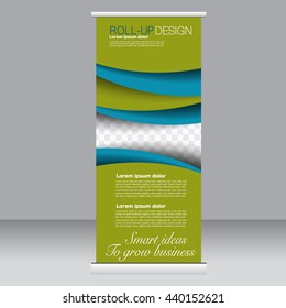 Roll up banner stand template. Abstract background for design,  business, education, advertisement. Blue and green color. Vector  illustration.