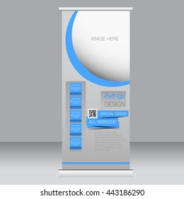 Roll up banner stand template. Abstract background for design,  business, education, advertisement. Blue color. Vector  illustration.