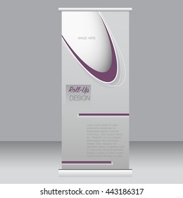 Roll up banner stand template. Abstract background for design,  business, education, advertisement. Purple color. Vector  illustration.