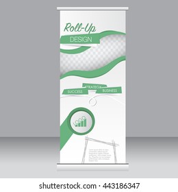 Roll up banner stand template. Abstract background for design,  business, education, advertisement. Green color. Vector  illustration.