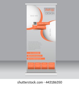 Roll up banner stand template. Abstract background for design,  business, education, advertisement. Orange color. Vector  illustration.