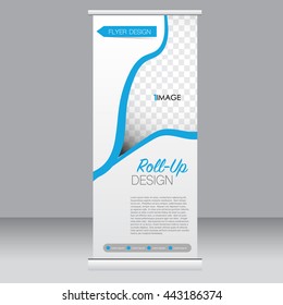 Roll up banner stand template. Abstract background for design,  business, education, advertisement. Blue color. Vector  illustration.