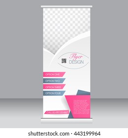 Roll up banner stand template. Abstract background for design,  business, education, advertisement. Pink and grey color. Vector  illustration.