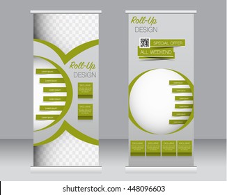 Roll up banner stand template. Abstract background for design,  business, education, advertisement.  Green color. Vector  illustration.