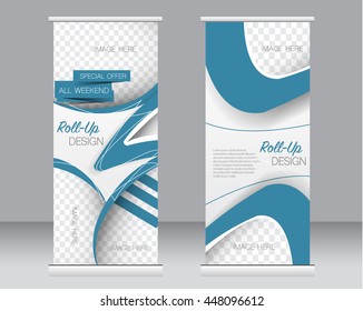 Roll up banner stand template. Abstract background for design,  business, education, advertisement.  Blue color. Vector  illustration.