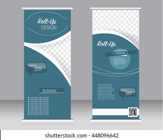 Roll up banner stand template. Abstract background for design,  business, education, advertisement.  Blue color. Vector  illustration.