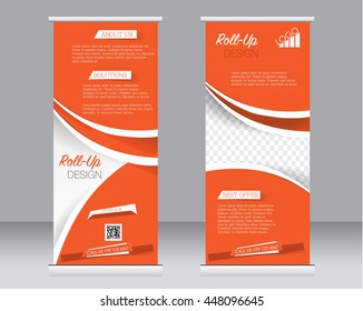 Roll up banner stand template. Abstract background for design,  business, education, advertisement.  Orange color. Vector  illustration.