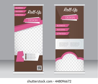 Roll up banner stand template. Abstract background for design,  business, education, advertisement.  Brown and pink color. Vector  illustration.